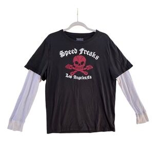Lucky Brand Vintage Inspired Speed Freaks Skull Thermal Sleeves T-Shirt Mens L